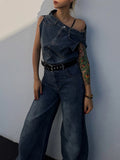 Momentlover Asymmetric Boat Neck Fringed Vest Top+ Belted High Waisted Jeans Bottom Two Pieces Set