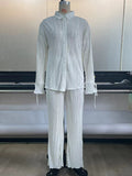 Momentlover Drawstring Pleated Flared Sleeves Long Sleeves Buttoned Solid Color Split-Side Lapel Shirts Top + Pants Bottom Pajama Sets