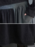 Momentlover Original Loose Denim Split-Joint Tied Lapel Collar Long Sleeves Midi Dress
