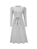 Momentlover Tied Waist Solid Color Long Sleeves High Waisted Round-Neck Sweater Dresses Midi Dresses
