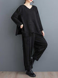 Momentlover Solid Color Long Sleeves Asymmetric Split-Joint V-Neck T-Shirts Top + Harem Pants Elasticity Pants Bottom Two Pieces Set