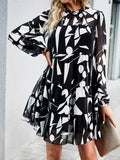 Momentlover Tied Split-Joint Printed Puff Sleeves Loose Mock Neck Mini Dresses