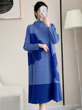 Momentlover Original Long Sleeves Loose Contrast Color Pleated Beaded Stand Collar Midi Dresses