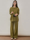 Momentlover Urban Loose Solid Round-Neck Vest Top& V-Neck Sweater Tops& Wide Leg Pants Three-Piece Set