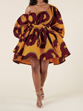 Momentlover Tied Waist Printed Polka-Dot Elasticity Three-Quarter Sleeves Puff Sleeves One-Shoulder Mini Dresses