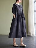 Momentlover Original Loose Solid Color Buttoned Pleated Midi Dress
