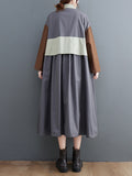 Momentlover Vintage Loose Long Sleeves Contrast Color Polo Midi Dresses