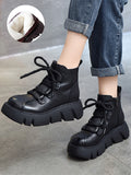 Momentlover Vintage Cow Leather Wool Boots Platform Shoes