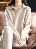 Momentlover Solid Color Polo Long Sleeves Loose Sweater Top + Pants Bottom Two Pieces Set