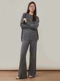 Momentlover Urban Loose Solid Round-Neck Vest Top& V-Neck Sweater Tops& Wide Leg Pants Three-Piece Set
