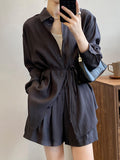 Momentlover Loose Solid Color Long Sleeves Blouse + Pleated Shorts Two Pieces Set