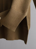 Momentlover Stylish High-Low Long Sleeves Split-Side Solid Half Turtleneck Sweater Tops & Wide Leg Pants Two Pieces Set