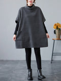 Momentlover Simple Solid Color Knitting Short Sleeves High-Neck Mini Dress