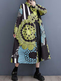 Momentlover Split-Joint Printed Buttoned Asymmetric Loose Long Sleeves Lapel Shirt Dress Midi Dresses