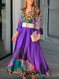 Momentlover Long Sleeves Loose Leopard V-Neck Maxi Dresses
