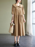 Momentlover Original Loose Solid Color Buttoned Pleated Midi Dress