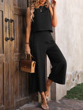 Momentlover Loose Sleeveless Pockets Solid Color Round-Neck Vest Top&Pants Two Pieces Pants Set