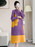 Momentlover Original Long Sleeves Loose Contrast Color Pleated Beaded Stand Collar Midi Dresses