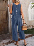 Momentlover Loose Sleeveless Pockets Solid Color Round-Neck Vest Top&Pants Two Pieces Pants Set