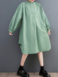 Momentlover Loose Puff Sleeves Solid Color Stand Collar Midi Dresses