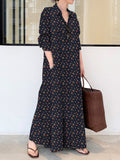 Momentlover Vintage Printed Lapel Long Sleeve Shirt Maxi Dress