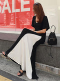 Momentlover Black&White Split-joint V-neck Long Dress