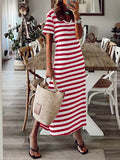 Momentlover Striped Split-Side Printed Short Sleeves Loose V-Neck Midi Dresses