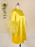 Momentlover Tulle Split-Joint Solid Color Shiny Plus Size Loose Round-Neck Mini Dresses
