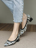 Momentlover Round Cut Pointed-Toe Houndstooth Contrast Color Pumps Mid Heels