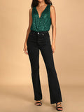 Momentlover Split-Joint Sequined See-Through High-Waisted Sleeveless Skinny V-Neck Bodysuits