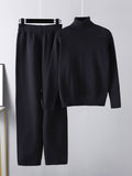 Momentlover Urban Long Sleeves Loose Solid Half Turtleneck Sweater Tops & Wide Leg Pants Two Pieces Set