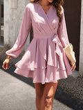 Momentlover Tied Waist Solid Color Ruffled Puff Sleeves Loose V-Neck Mini Dresses