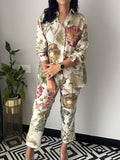 Momentlover Flower Print Long Sleeves Buttoned Lapel Shirts Top + Ninth Pants Pants Bottom Two Pieces Set