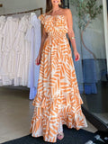 Momentlover Printed Leaf Falbala Elasticity Short Sleeves Loose Off-The-Shoulder Maxi Dresses