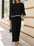Momentlover Split-Side High-Low Long Sleeves Contrast Color Round-Neck Sweater Top + Pants Bottom Two Pieces Set