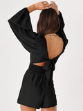 Momentlover Tied Solid Color Elasticity Backless Puff Sleeves Loose Square-Neck Rompers