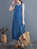 Momentlover Simple Denim Blue Round-Neck Buttoned Sleeveless Midi Dress