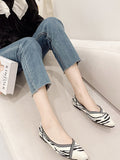 Momentlover Zebra-Stripe V-Cut Split-Joint Pointed-Toe Hollow Contrast Color Flats Flat Shoes