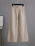 Momentlover Stylish Loose High-Low Long Sleeves Solid Color Round-Neck Sweater Tops& Wide Leg Pants Two Pieces Set