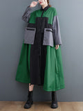 Momentlover Vintage Loose Long Sleeves Contrast Color Polo Midi Dresses