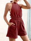 Momentlover Solid Color Ribbed Sleeveless Loose Halter-Neck Rompers