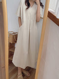 Momentlover Loose Solid Color V-Neck Pleated With Pockets Midi Dresses