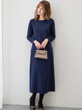 Momentlover Simple Solid Color Round-Neck A-Line Midi Dress