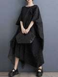 Momentlover Split-Joint Solid Color Pleated Jacquard Gauze Flower Shape Asymmetric Loose Batwing Sleeves Round-Neck Midi Dresses
