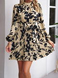 Momentlover Tied Waist Pleated Flower Print Loose Long Sleeves Mock Neck Mini Dresses