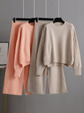 Momentlover Stylish Loose High-Low Long Sleeves Solid Color Round-Neck Sweater Tops& Wide Leg Pants Two Pieces Set