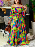 Momentlover Puff Sleeves Printed Tied Waist Off-The-Shoulder Maxi Dresses