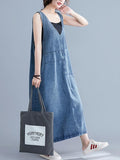 Momentlover Loose Sleeveless Denim V-Neck Midi Dress