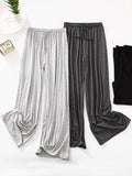 Momentlover High Waisted Loose Drawstring Elasticity Solid Color Casual Pants Bottoms Trousers