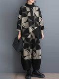 Momentlover Stand Collar Long Sleeves Asymmetric Buttoned Printed Sweatshirt Top + Harem Pants Pants Bottom Two Pieces Set